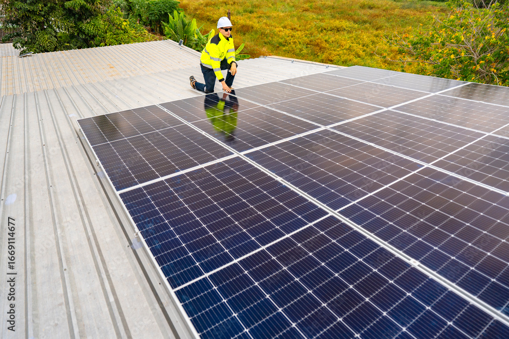 Obraz premium close up on grid of technology renewable solar energy. construction solar panels system on roof. Installing solar photovoltaic panel system. background of blue of solar cell system and structure roof.