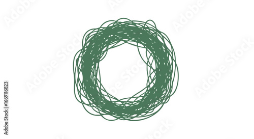 Abstract illustration of a circular design, composed of intertwined green lines, creating a textured, organic shape.