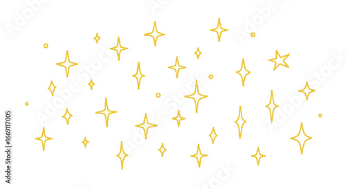Golden star-shaped confetti scattered across a white background.