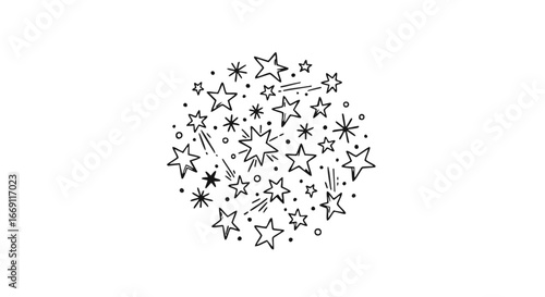 A hand-drawn doodle of various stars, comets, and sparkles arranged in a circular composition.
