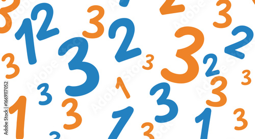 A pattern of blue and orange numbers one, two, and three scattered on a white background.