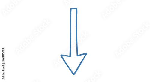 A simple, hand-drawn blue arrow pointing downwards on a white background, indicating direction.
