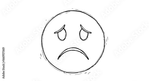 A simple, hand-drawn illustration of a sad, frowning face with downturned eyes and mouth, expressing unhappiness.