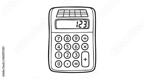 Illustration of a calculator displaying the number 123, with solar panel and standard number and function keys.