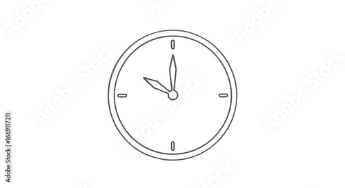 Simple black and white illustration of a clock showing the time, with hands pointing.