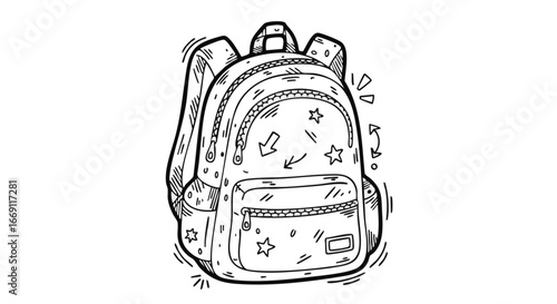 A black and white line art illustration of a school backpack decorated with stars and arrows, in a hand-drawn doodle style.