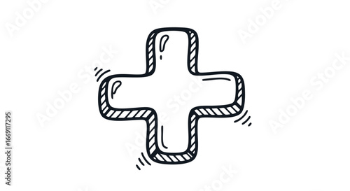 A hand-drawn plus sign or medical cross symbol illustrated in a black and white doodle sketch style.