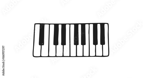 A minimalist black outline of a piano keyboard with black and white keys, isolated on a clean white background.