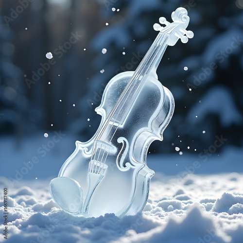 Wallpaper Mural A transparent glass violin with intricate scrollwork stands in snowy forest surroundings, reflecting icy elegance in a dreamlike winter scene Torontodigital.ca