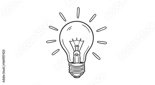 A simple, hand-drawn illustration of a classic incandescent light bulb with radiating lines symbolizing illumination and a bright idea.