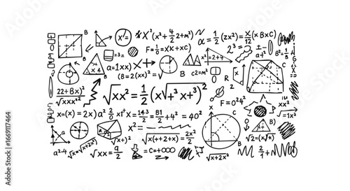 Hand-drawn mathematical equations and geometric shapes, illustrating complex concepts and formulas.