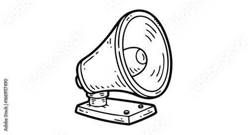 A hand-drawn illustration of a megaphone, depicted in black and white, showcasing its shape and details.