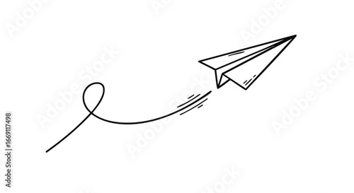 Simple line drawing of a paper airplane soaring through the air, leaving a trail.