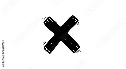 A hand-drawn black "X" mark with a sketchy, textured outline on a white background, representing a cross or cancellation symbol.