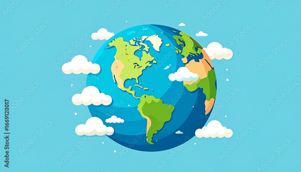 Fototapeta premium A stylized illustration of planet Earth, surrounded by puffy white clouds against a light blue background.