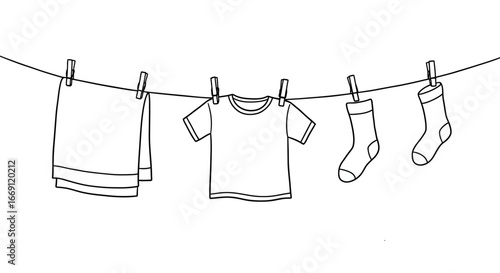 Hand drawn illustration of laundry hanging on a clothesline with clothespins drying in the sun showcasing a towel a t-shirt and socks ready for laundry day chores