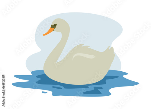 Cute swan swimming on the water. Simple flat illustration.