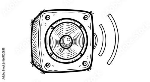 A hand-drawn illustration of a square speaker emitting sound waves, suggesting audio output and music.