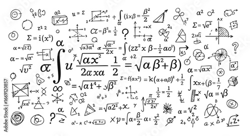 A collage of handwritten mathematical equations, symbols, and geometric diagrams on a white background, representing complex calculations and abstract concepts.