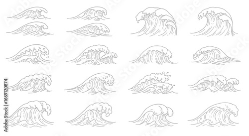 Collection of Hand Drawn Artistic Stylized Ocean Wave Illustrations with Detailed Rendering Showing Water Motion and Spray for Artistic and Design Applications