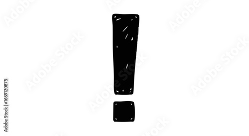 A bold, hand-drawn black exclamation mark stands prominently against a stark white background, conveying emphasis and importance.