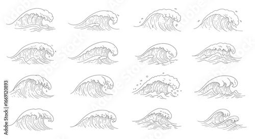 Collection of Hand Drawn Style Ocean Wave Illustrations with Detailed White Water Effects and Natural Water Movement