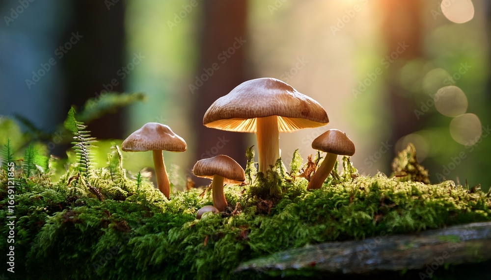 Fototapeta premium wild mushrooms thrive on moss in a tranquil forest setting