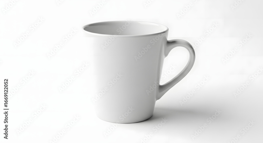 Fototapeta premium A plain white ceramic mug with a handle is shown against a stark white background.