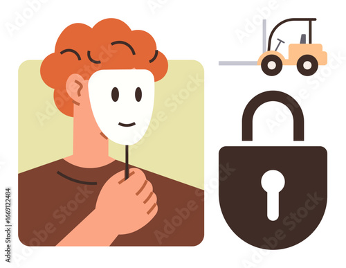 Person holding a mask symbolizing anonymity and identity, next to a padlock and forklift. Ideal for security, privacy, identity protection, logistics, confidentiality, deceit, vulnerability themes
