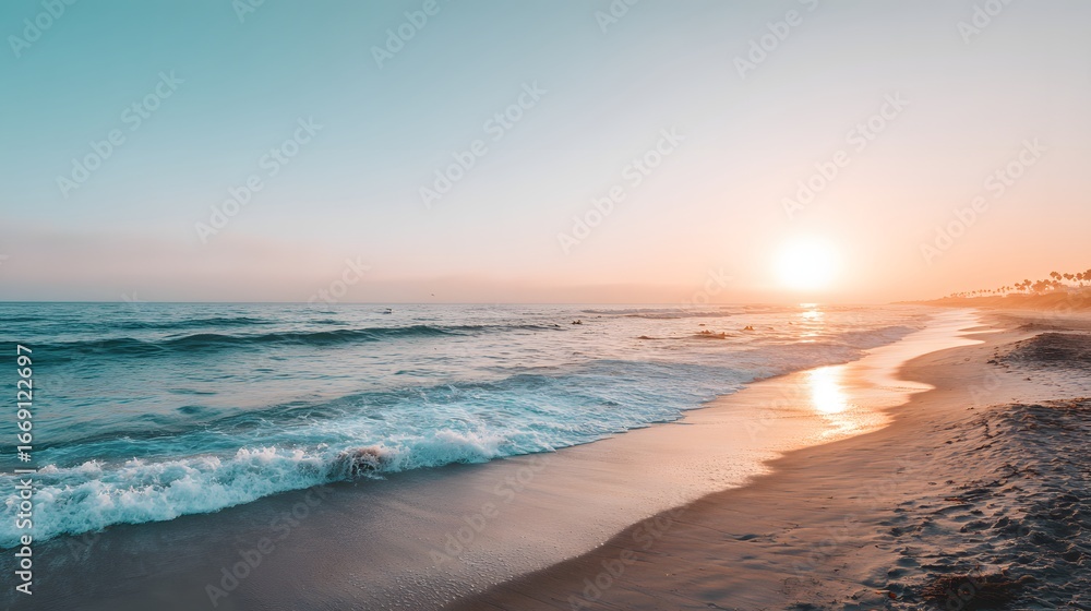 Obraz premium A serene beach scene at sunset, showcasing soft pastel colors and gentle waves lapping at the shore.