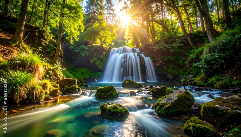 Fototapeta premium Sunlit Waterfall in Lush Forest.