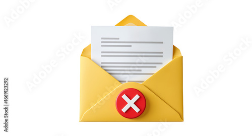 Rejected Email, Spam, or Deleted Message 3D Illustration of Yellow Envelope with Red Cross Mark