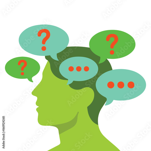 Anxious person head full of worries vector outline illustration
