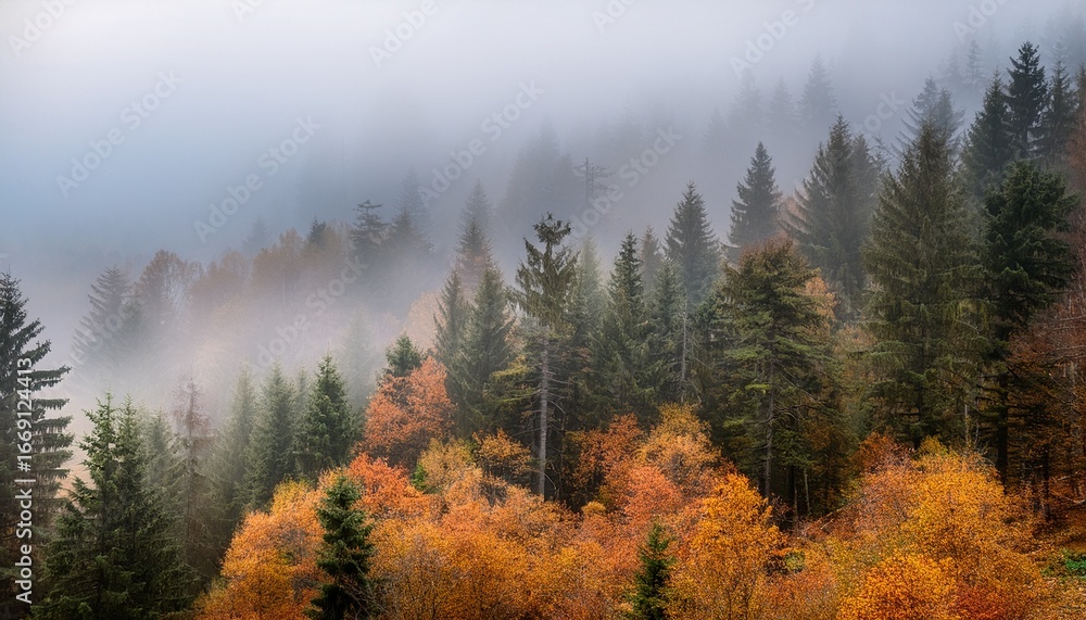 Obraz premium misty autumn forest with layers of pine trees and fog
