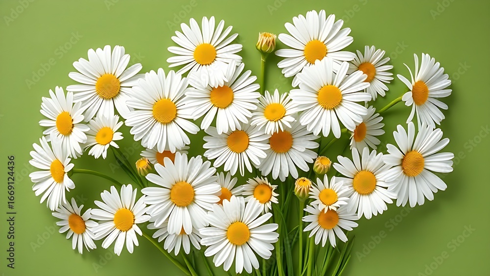 Obraz premium A natural arrangement of white daisies against a green background, exuding freshness.