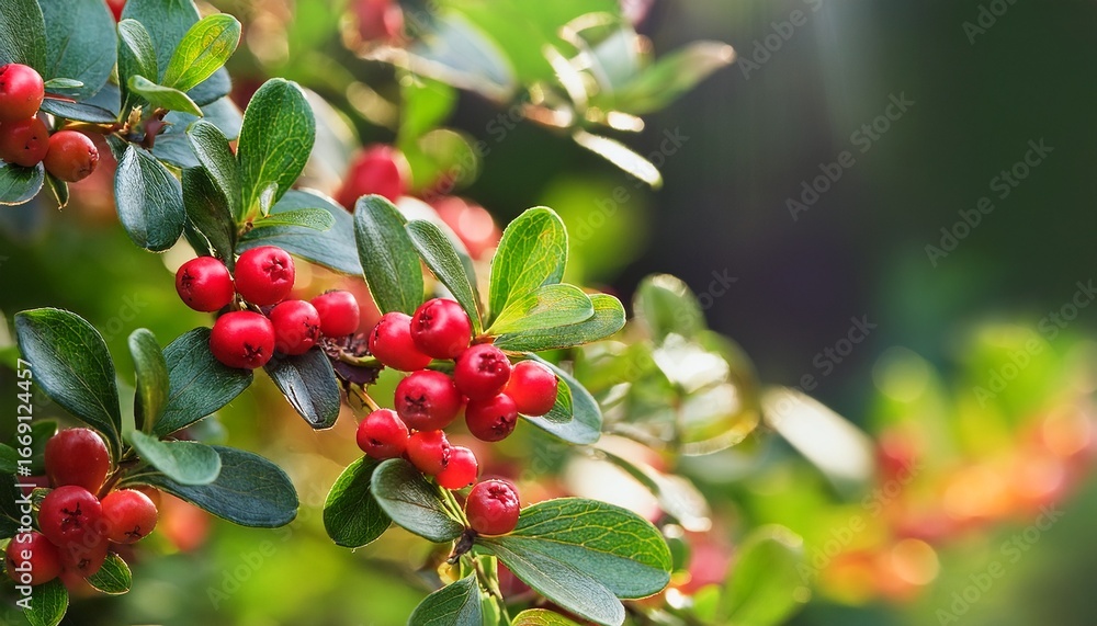 Fototapeta premium bearberry cotoneaster berries bright red berries and green leaves in natural background