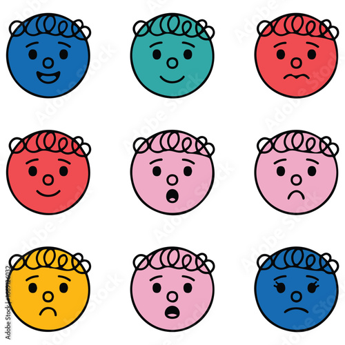 Set of happy face character icons with fun expressions and emotions for social media or web design