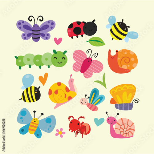 Cute Cartoon Bees Ladybugs and Spiders Vector Collection