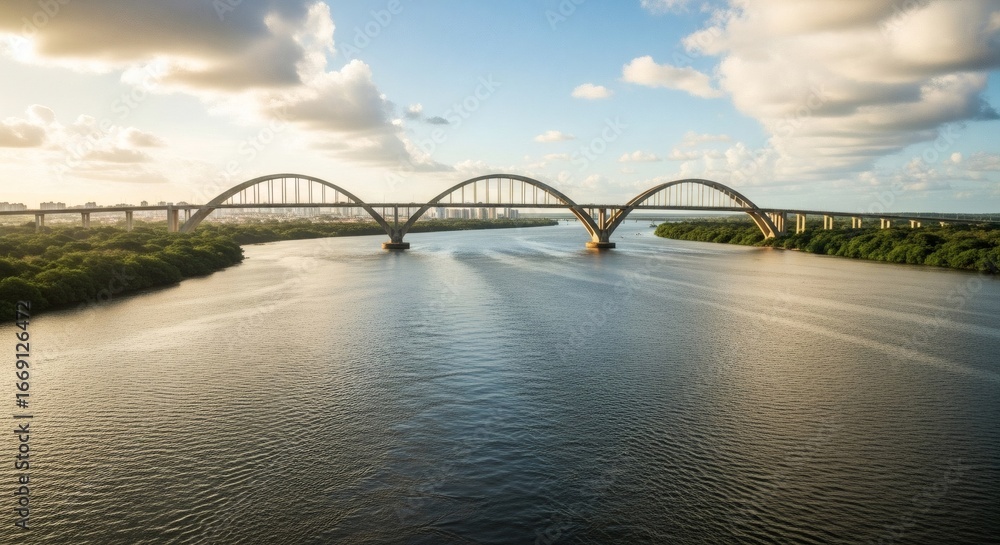 Naklejka premium Scenic view of a long bridge stretching over a wide river with lush greenery and cityscape under a partly cloudy sky at sunrise or sunset.