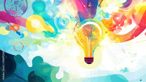 Colorful abstract illustration of idea generation featuring light bulb surrounded by vibrant swirls and shapes, symbolizing creativity and inspiration. dynamic colors evoke sense of innovation