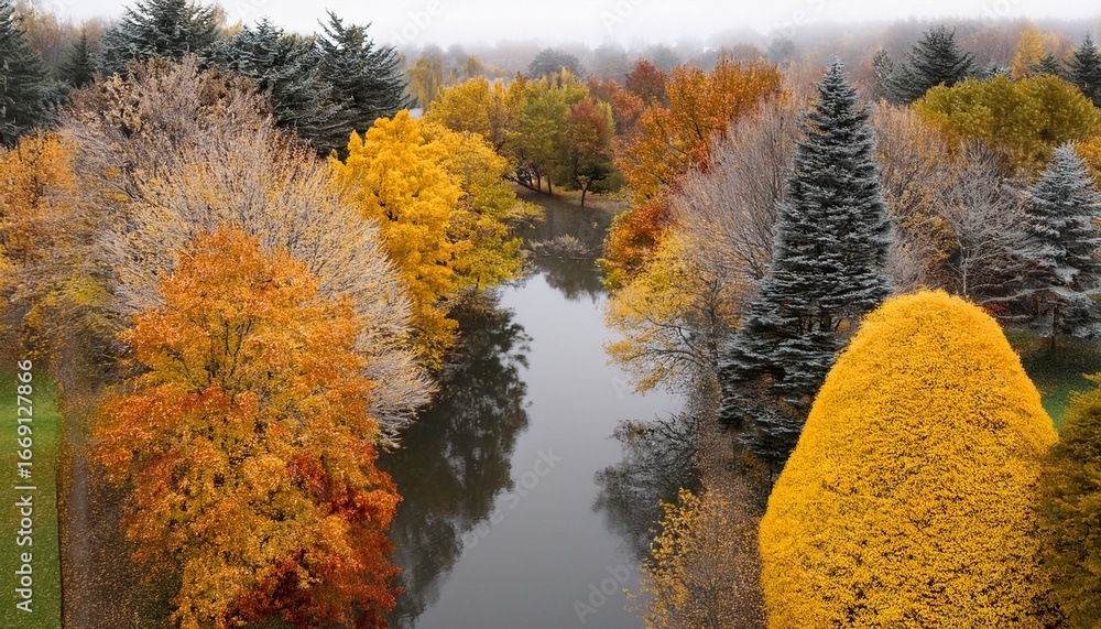 Fototapeta premium colorful display of autumn trees with varying shades of yellow and gray in a creative arrangement