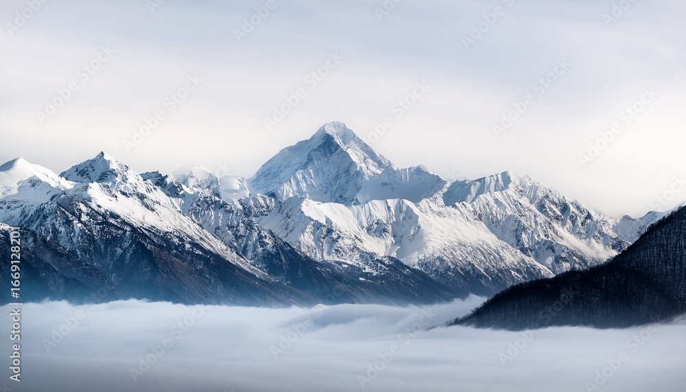 custom made wallpaper toronto digitalsnow capped mountain range surrounded by fog creating a serene and mystical atmosphere against a clean white background ideal for nature and travel themes