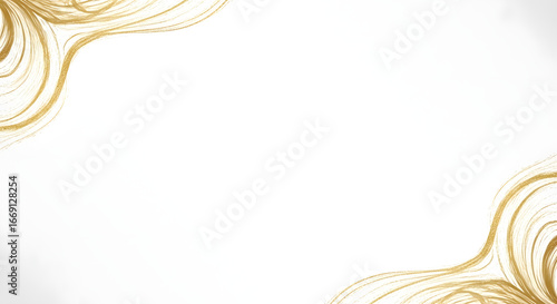Abstract gold lines create flowing, elegant borders on a white background.