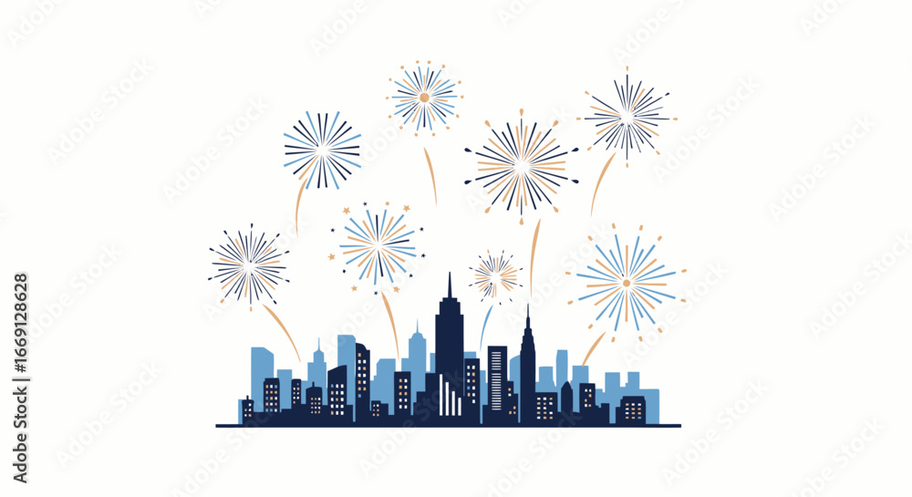 Obraz premium Skyline Celebration Fireworks Over a Modern Cityscape Vector Illustration
