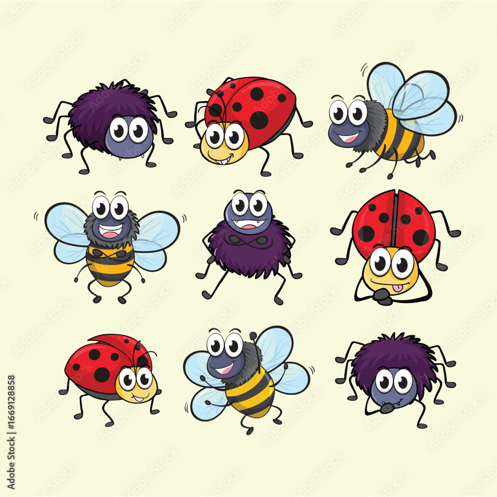 Obraz premium Cute Cartoon Bees Ladybugs and Spiders Vector Collection