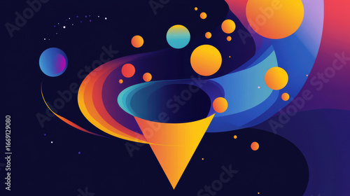Innovative abstract design featuring colorful funnel shape surrounded by vibrant circles and flowing lines, creating sense of movement and creativity