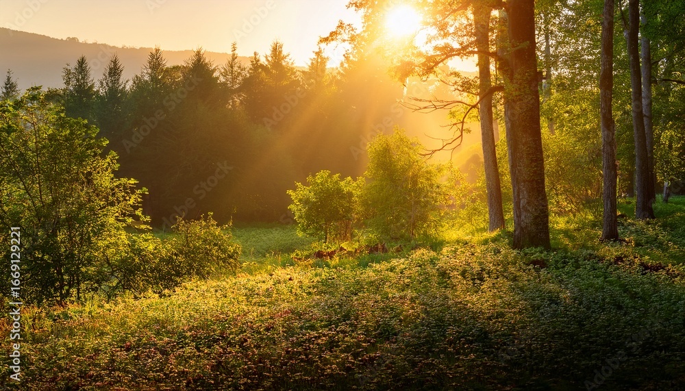 Naklejka premium golden sunlight bathes treetops insects hum in the underbrush a gentle breeze carries the aroma of sun warmed earth