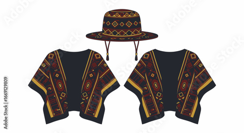 Colorful Andean Textile Design with Hat and Ponchos