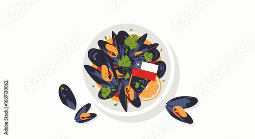 A plate of delicious Chilean mussels, garnished with parsley and lemon.