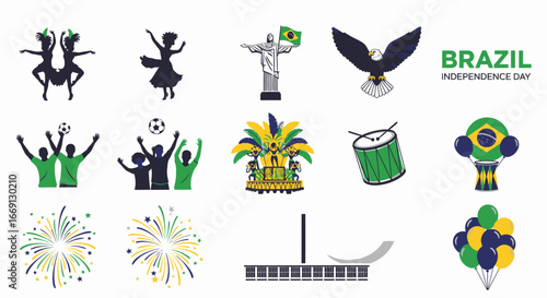 A collection of Brazilian Independence Day themed illustrations, icons, and symbols.